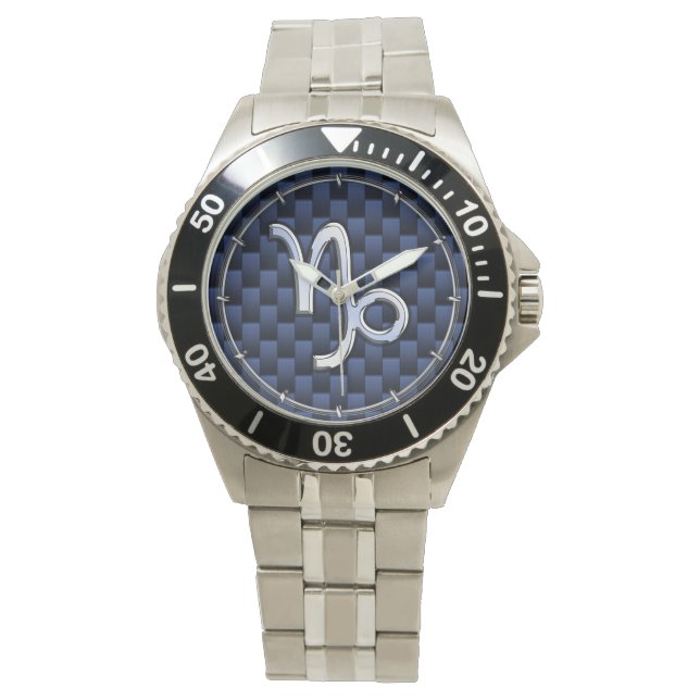 Silver Capricorn Zodiac Sign Blue Carbon Style Watch (Front)