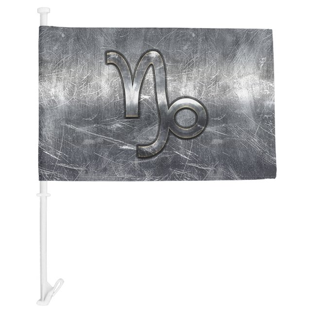 Silver Capricorn Zodiac Symbol Steel Style Car Flag (Front)