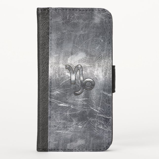 Silver Capricorn Zodiac Symbol Steel Style iPhone Wallet Case (Front)