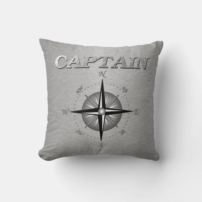 Silver Captain with Compass Rose Throw Pillow (Front)