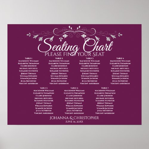 Silver  Cassis Chic 7 Table Wedding Seating Chart