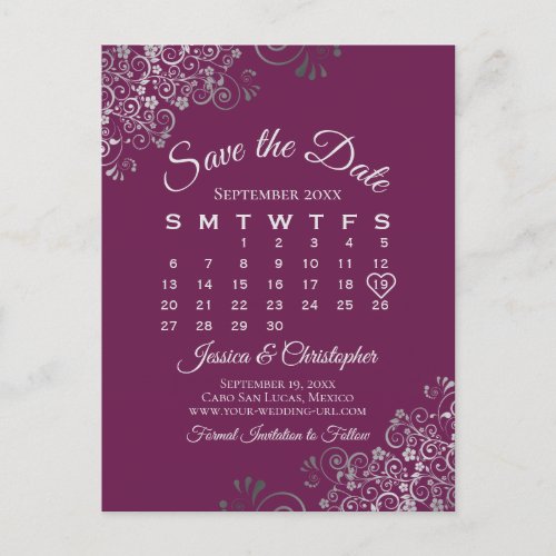 Silver  Cassis Wedding Save the Date Calendar Announcement Postcard