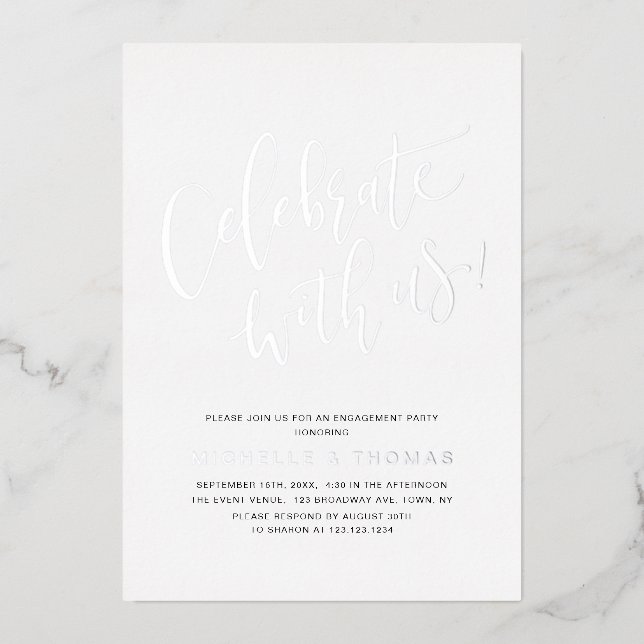 Silver Celebrate With Us Modern Simple Engagement  Foil Invitation (Front)