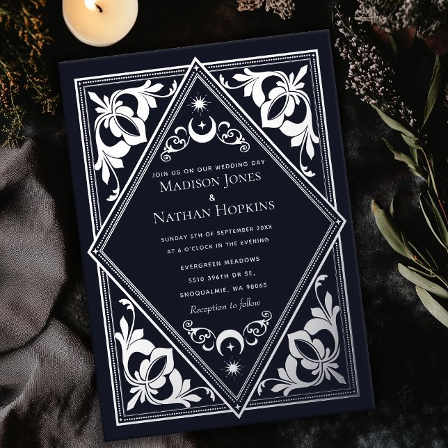 Silver Celestial Art Nouveau Tarot Gothic Wedding  Foil Invitation (Creator Uploaded)
