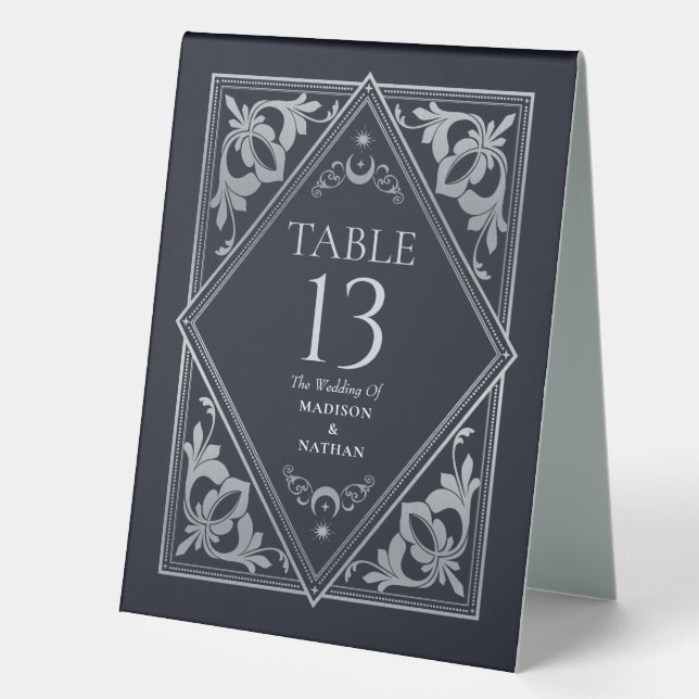 Silver Celestial Art Nouveau Tarot Gothic Wedding Table Tent (Front)