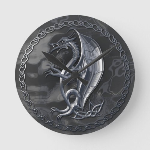 Silver Celtic Dragon Round Clock