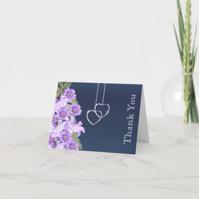 Silver Chain Hearts on Navy Blue Satin Thank You Card (Front)