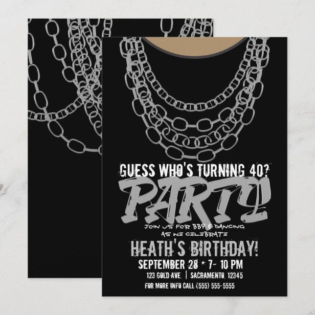 Silver Chains Black Hip Hop Dance Birthday Party Invitation (Front/Back)