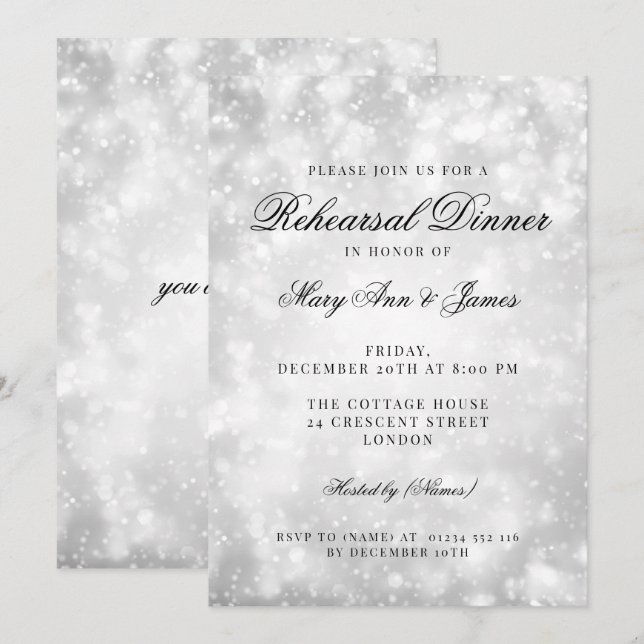 Silver Champagne Bokeh Elegant Rehearsal Dinner Invitation (Front/Back)