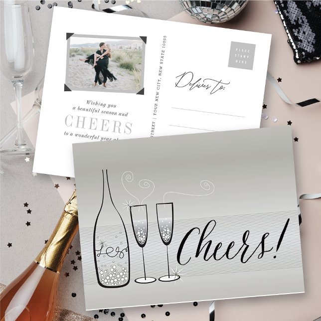 Silver Champagne Cheers Bubbly Stylish New Year Holiday Postcard (Silver Champagne Cheers Bubbly Stylish New Year Holiday Postcard @ fat_fa_tin)