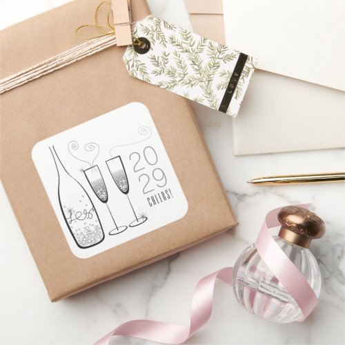 Silver Champagne Cheers Bubbly Stylish New Year Square Sticker