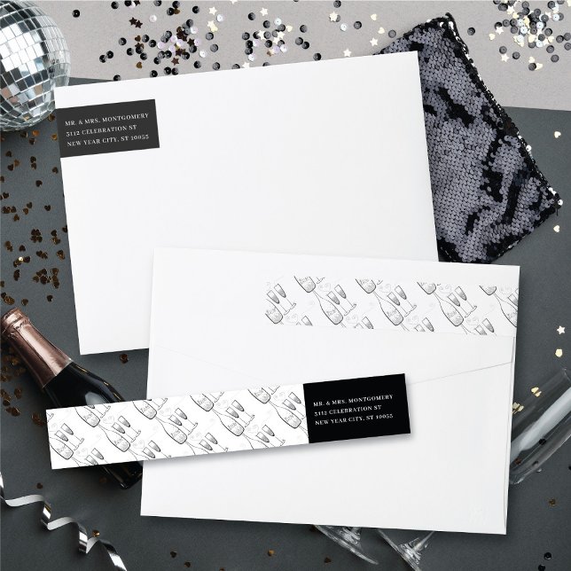 Silver Champagne Cheers Stylish New Year Address Wrap Around Label (Silver Champagne Cheers Stylish New Year Return Address Wrap Around Label @ fat_fa_tin)