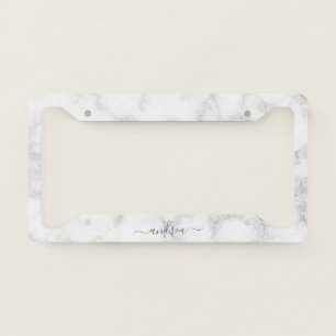 Silver Champagne Marble Name Initial Monogram Chic License Plate Frame