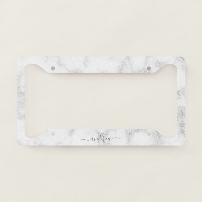 Silver Champagne Marble Name Initial Monogram Chic License Plate Frame (Front)