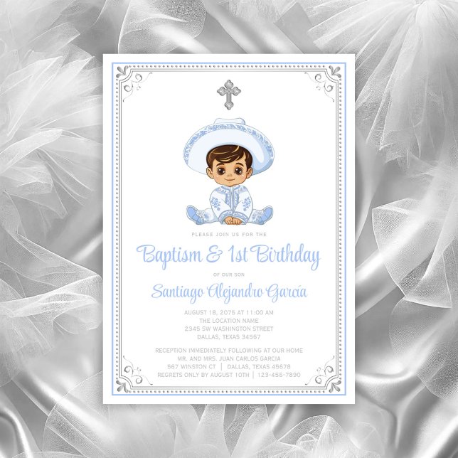 Silver Charro Baptism & Birthday Invitation (Cute baby charro baptism invitation. All text can be changed, baby moved, cross moved/removed.)