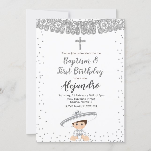 Silver Charro Boy baptism and birthday invitation (Front)