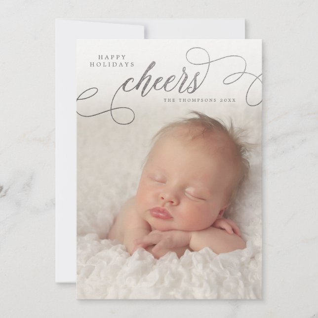 Silver Cheers Script Overlay Photo Greeting Cards (Front)