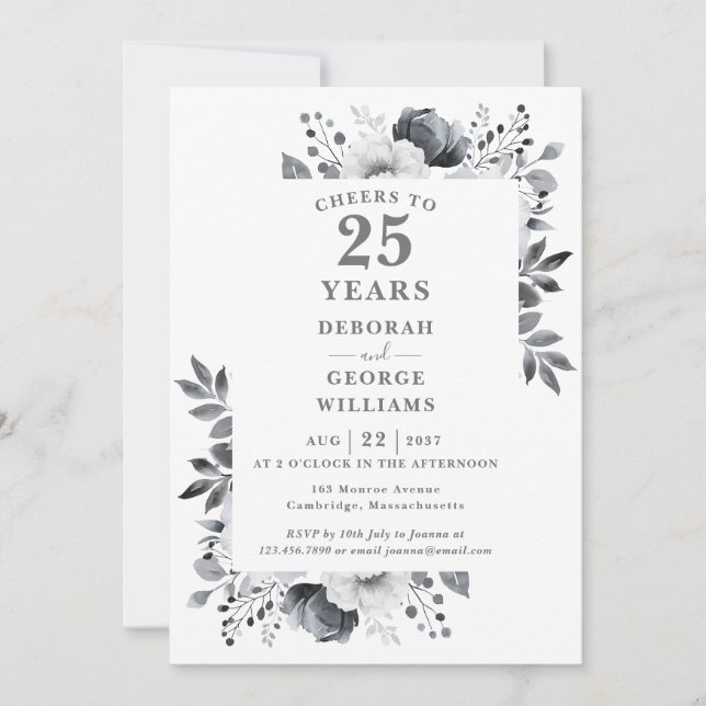 Silver Cheers To 25 Years Wedding Anniversary  Invitation (Front)