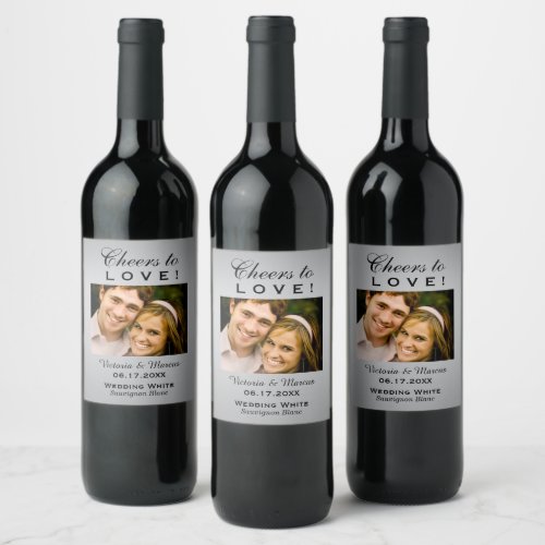 Silver Cheers to Love Wedding Photo Bottle Favor Wine Label