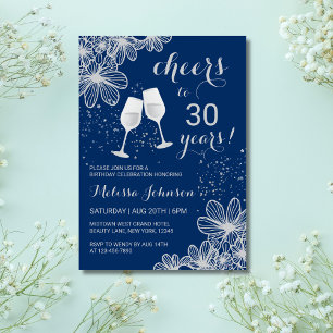 Silver Cheers Wine Floral Navy Milestone Birthday Invitation