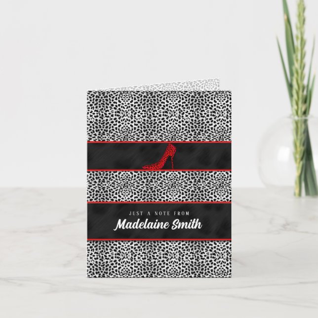 Silver Cheetah Print High Heel Personalized Card (Front)