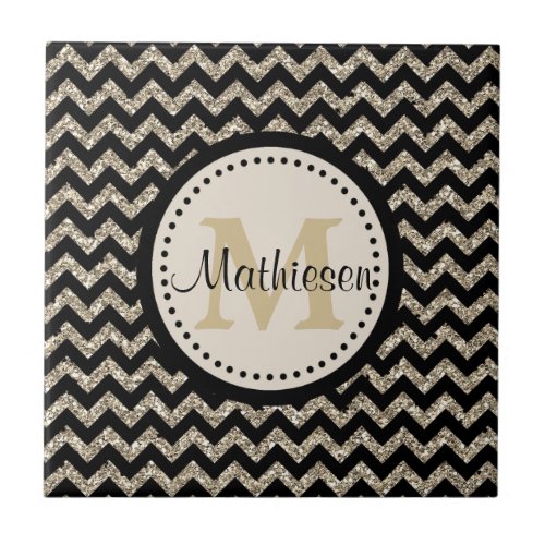 Silver Chevron Faux Glitter Monogram Tile