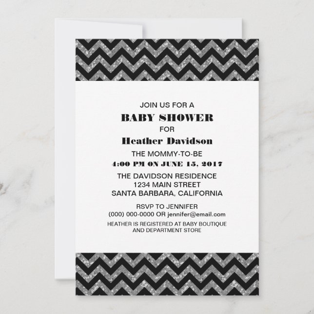 Silver Chevron Glitter Baby Shower Invite (Front)