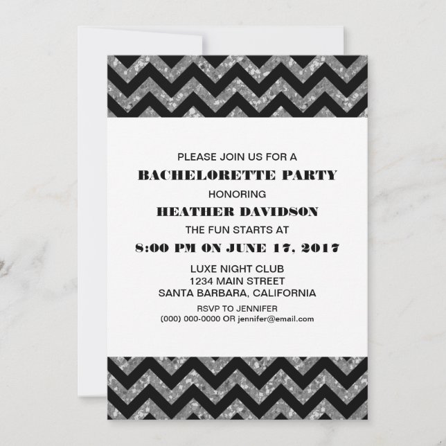 Silver Chevron Glitter Bachelorette Party Invite (Front)