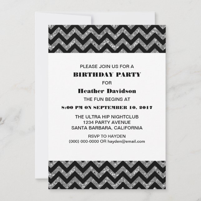 Silver Chevron Glitter Birthday Party Invite (Front)