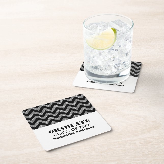 Silver Chevron Glitter Graduation Paper Coasters (Insitu)
