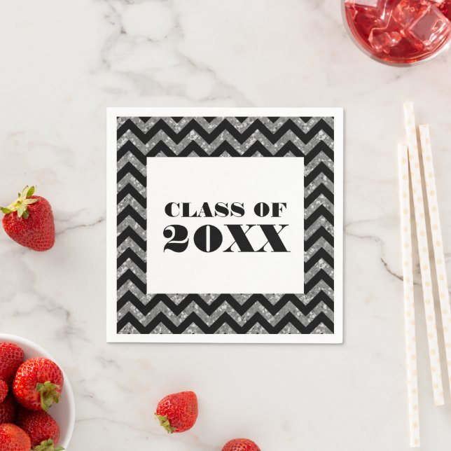 Silver Chevron Glitter Graduation Paper Napkins (Insitu)