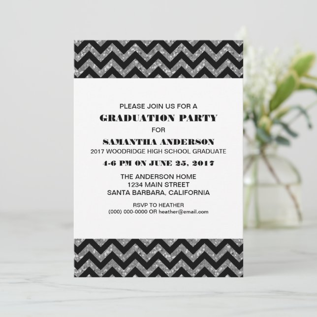 Silver Chevron Glitter Graduation Party Invite (Standing Front)