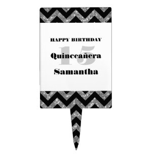 Silver Chevron Glitter Quinceañera Cake Pick