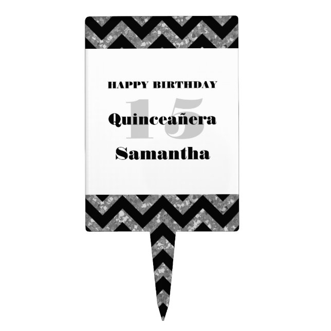 Silver Chevron Glitter Quinceañera Cake Pick (Front)