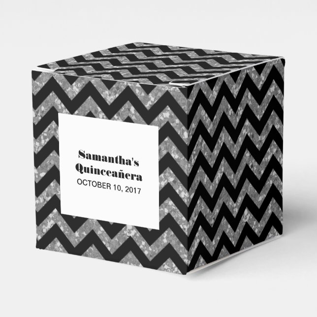 Silver Chevron Glitter Quinceañera Favor Boxes (Front Side)