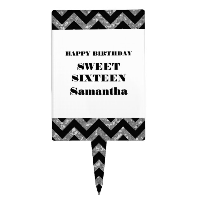 Silver Chevron Glitter Sweet 16 Cake Pick (Front)