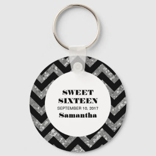 Silver Chevron Glitter Sweet 16 Keychain