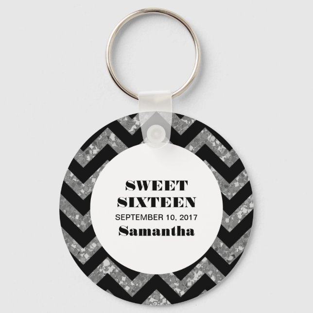 Silver Chevron Glitter Sweet 16 Keychain (Front)