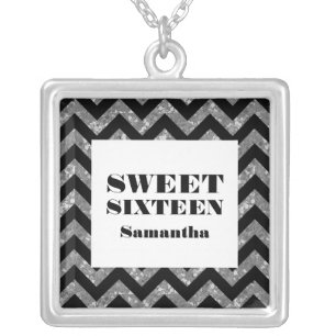 Silver Chevron Glitter Sweet 16 Necklace
