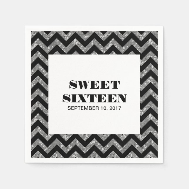 Silver Chevron Glitter Sweet 16 Paper Napkins (Front)