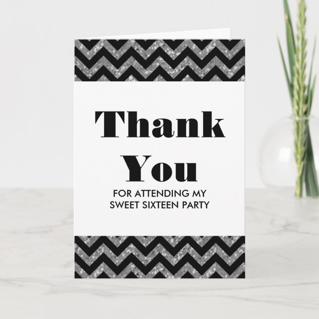 Silver Chevron Glitter Sweet 16 Thank You Card (Front)