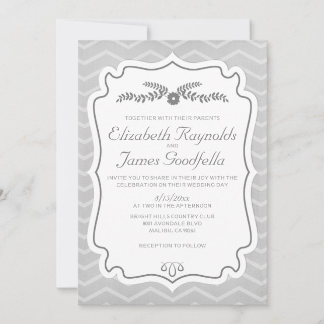 Silver Chevron Stripes Wedding Invitations (Front)