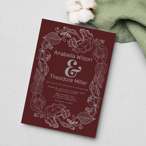 Silver chic burgundy ampersand vine floral wedding invitation