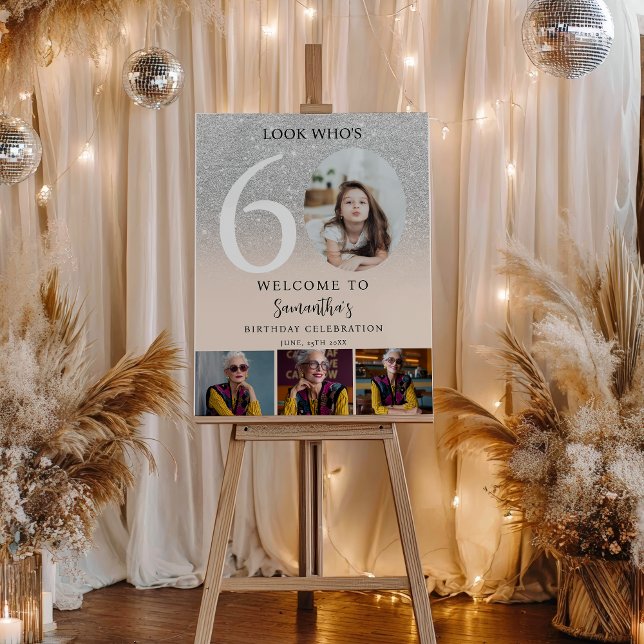 Silver chic glitter 60th Birthday 4 Photo Welcome Foam Board (Silver chic glitter 60th Birthday 4 Photo Welcome Foam Board)