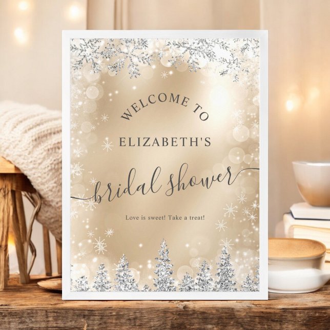 Silver chic gold snow pine welcome bridal shower poster (Silver chic gold snow pine welcome bridal shower poster)