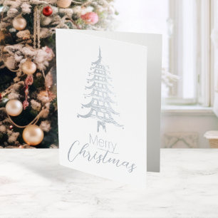 Silver Chinoiserie Pagoda Christmas Tree Foil  Card