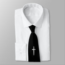 Silver Christian Cross Emblem Black Neck Tie Silver Christian Cross Emblem Black Neck Tie
