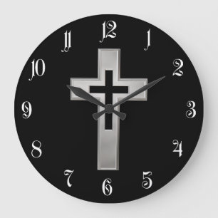 Silver Christian cross Large Clock