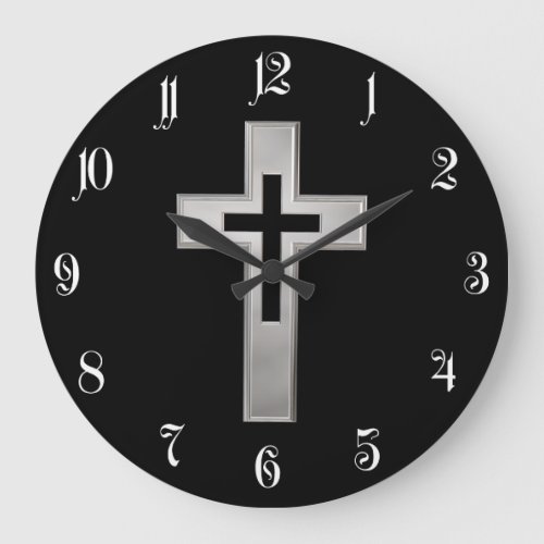 Silver Christian cross Large Clock