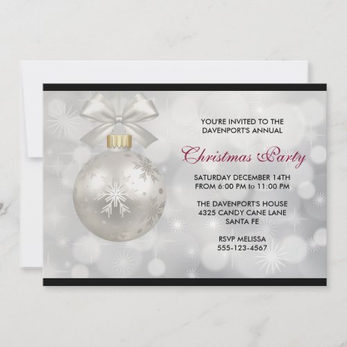 Silver Christmas Ball on Bokeh Lights Party Invitation